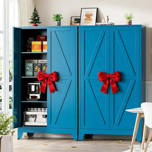 Blue Metal Kitchen Pantry Cabinet, 61" Tall Farmhouse Storage Cabinet with 2 Vintage Barn Doors and 4 Adjustable Shelves, Rustic Freestanding Cupboard for Kitchen,Home Office Living Room,Dining Room