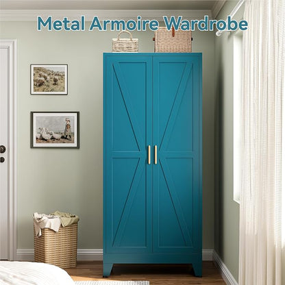 Metal Wardrobe Closet with Doors and Shelves, 71" Farmhouse Bedroom Armoire with Hanger Rod and Clothing Shelf, White Steel Wardrobe Cabinet Storage Clothes Closet