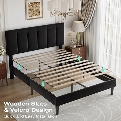 VECELO Queen Bed Frame, Velvet & Black | Upholstered Headboard, Heavy-duty Platform, Strong Wooden Slats Support, No Box Spring Needed