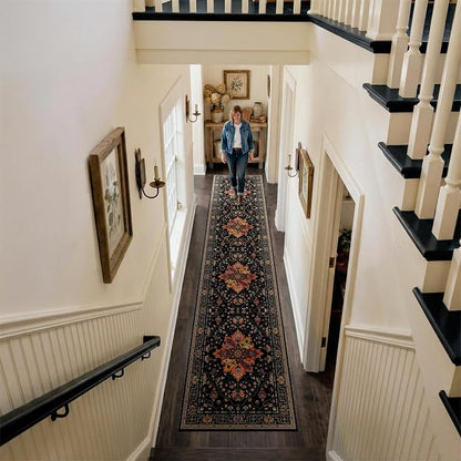 RELEANY Area Rugs Runner 2'6"x14' Washable Non-Slip, Floral Vintage Distress Medallion Carpet for Kitchen Hallway Bedroom Beside Laundry Room Bathroom, Black Colorful Floral Dark Tan