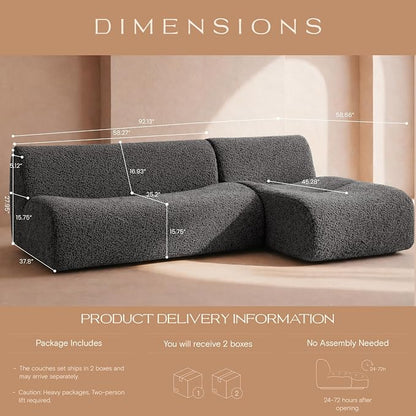 Vothio Curved Sectional Modular Couch with Chaise, Modern 92.13'' Boneless Sofa with Deep Seat, Sherpa Boucle Cloud Couch for Living Room, Cozy Teddy L-Shaped Couches，No Assembly, Gray