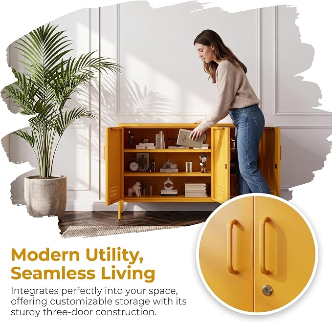 32" Wide 3-Door Lockable Metal Storage Cabinet with Accent Cabinet Locker, Heavy Duty Home Tool Cabinet, 2 Removable Shelves & Easy Assembly, for Home, Office, Entryway and Hallway Yellow