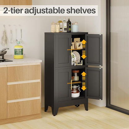 47” Black Metal Bathroom Storage Cabinet, Kitchen Pantry Cabinet | Steel Storage Cabinet with Doors and 3 Adjustable Shelves, Bathroom cabinets Organizer, for Home Office, Bedroom