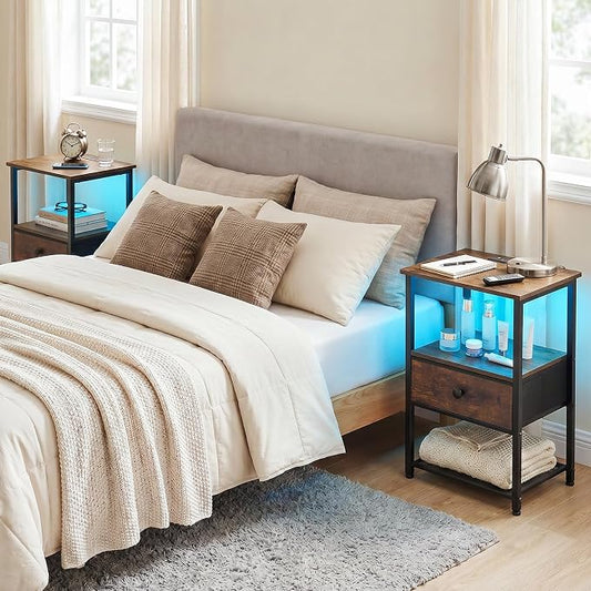 LOAKEKEL Night Stand Set 2, LED Nightstand with Charging Station, End Tables Living Room with Fabric Drawer for Small Spaces, Bed Side Tables with Storage Shelf for Bedroom, Brown, HETS01PBR