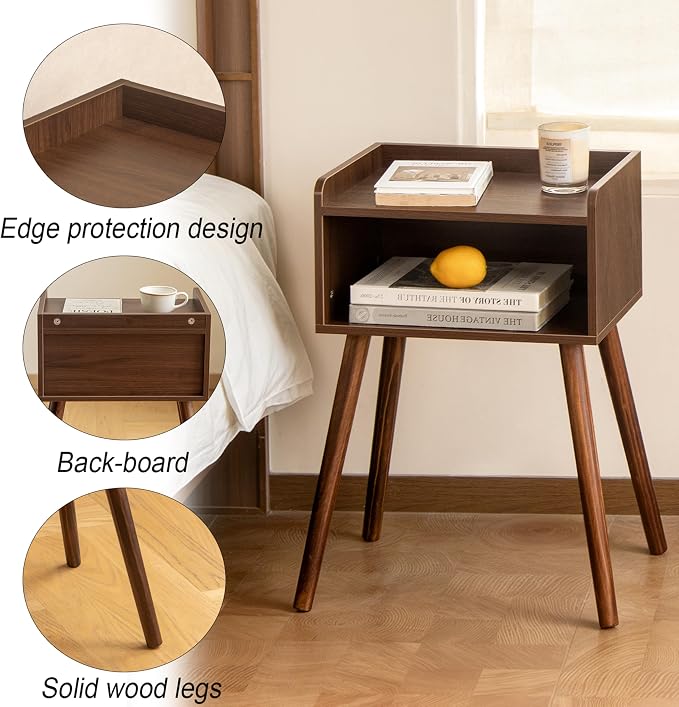 MaxSmeo Small Nightstand, Mid Century Modern Side Table Bedroom with Storage, Small End Bedside Table with Solid Wood Legs for Living Room, Office(Walnut Brown)