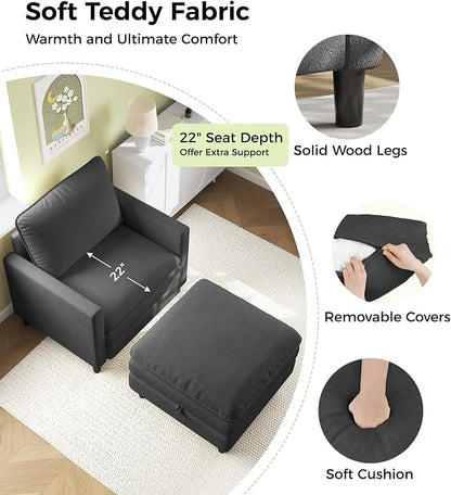 Welzona 3-Layers Cloud Accent Chair with Ottoman, 33" Comfy Reading Chair for Bedroom, Living Room, Tool-Free Assembly with Teddy Fabric Arm Chairs and Ottoman Set, Grey, Removable Washable Cover