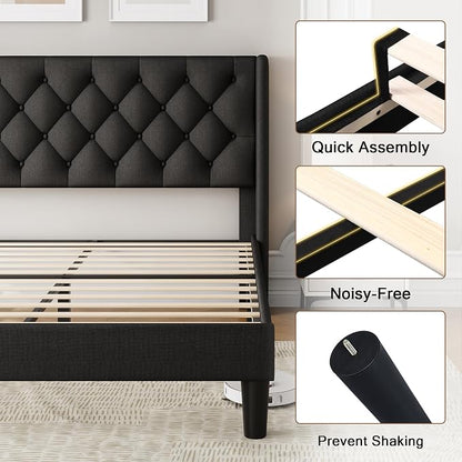 Einhomn Black Platform Bed Frame Full Size with Fabric Upholstered Wingback Headboard, 12" Under Bed Space, Wooden & Metal Slats Support, No Box Spring Needed