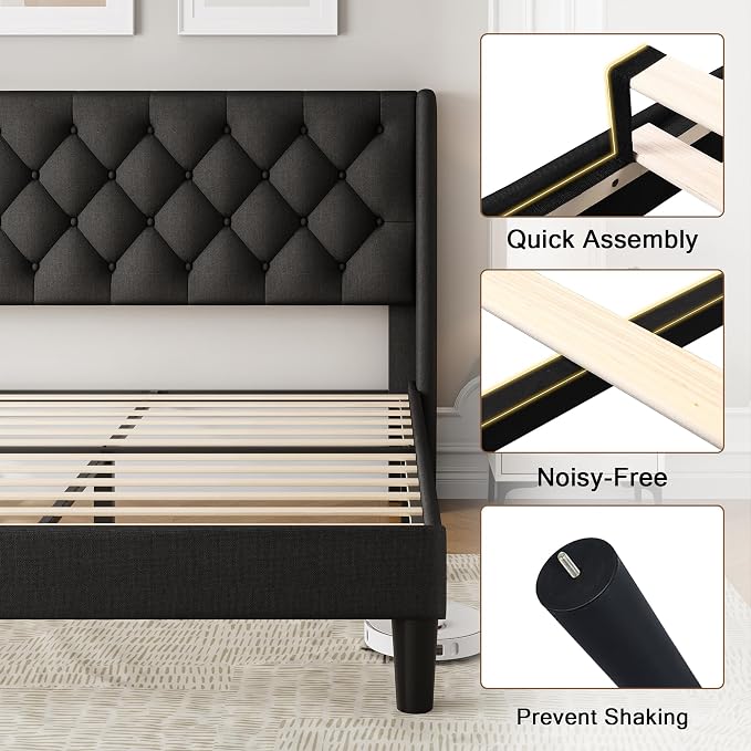 Einhomn Black Queen Size Platform Bed Frame with Fabric Upholstered Wingback Headboard, 12" Under Bed Space, Wooden & Metal Slats Support, No Box Spring Needed