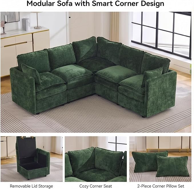 80" Green Modular Storage Sofa, V Shaped Chenille Cloud Couch with Armrest | Oversized Convertible Sectional Sofa, 5-Seat Sectional Couch With Armrests, Large Cloud Couch For Living Room, Apartment.