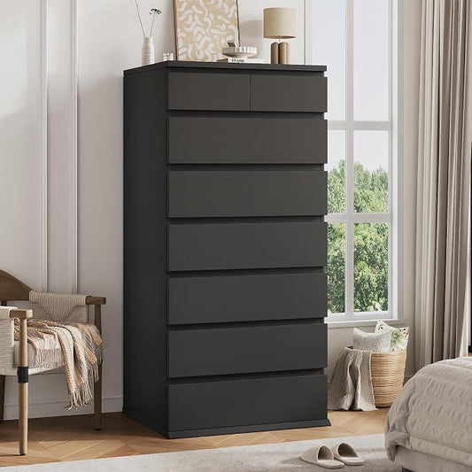 Jocoevol Black Tall 8 Drawer Dresser for Bedroom,Dressers & Chests of Drawers with Jewelry Storage,Wood Storage Dresser with Deep Drawers for Living Room Hallway Entryway(55.3" L*23.6" W*15.7")