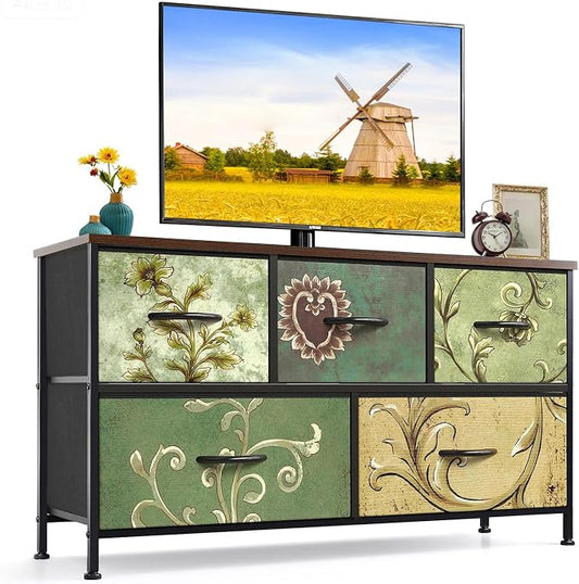 5-Drawer Dresser for Bedroom, Anti-Tip Wide Storage Organizer Fabric Chest of Drawers TV Stand for 45" TV with Wooden Top and Metal Frame for Closet, Living Room, Hallway, Entryway, Floral Painted