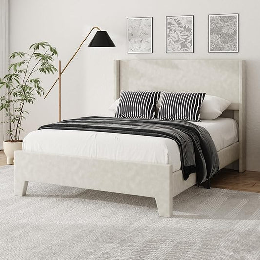 Full Size Bed Frame with Faux Leather Upholstered Headboard, Wear-Resistant, Easy Clean, Mattress Foundation, No Box Spring Required, Easy Assembly, Beige