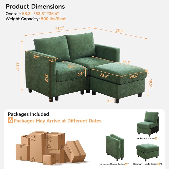 WUTUTUEE 58”Modular Sectional Loveseat Sofa with Storage, Comfy Office L Shaped Sofa Couch, Chenille Love Seat Modular Sectional Couch with Movable Ottoman for Living Room, Bedroom, Dark Green