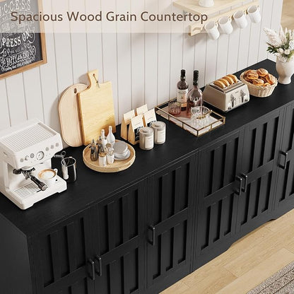 Modern Farmhouse Buffet Cabinet with Storage, 85" Large Sideboard Storage Cabinet with 6 Barn Doors, Coffee Liquor Bar Cabinet Wood Table Credenza with Adjustable Shelf for Kitchen Dining Living Room
