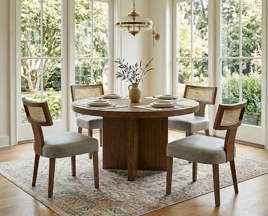 RIVOVA Modern Dining Chairs, Set of 4 - Rattan Back, Pu Leather Upholstered, Kitchen Chairs with Solid Wood Frame, Grey