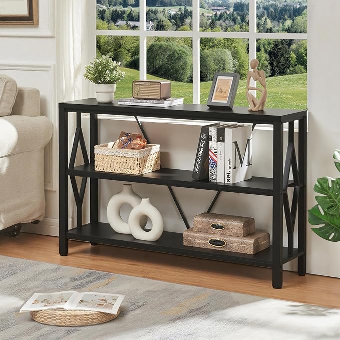 HOMISSUE Sofa Console Table, Rustic Console Table with 3-Tier Storage, Engineered Wood Sofa Tables with Open Shelves, Heavy Duty Entryway Tables for Living Room, Hallway (47 Inch, Black)