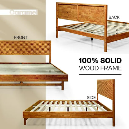 Acacia Elara Queen Platform Bed Frame – Mid-Century Modern Style, Carved Headboard, Solid Wood, Caramel Finish, No Box Spring, 800lbs Support, Easy Assembly with Tools Included