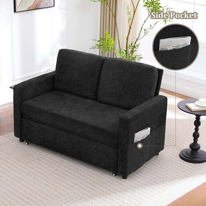 3 in 1 Folding Convertible Sleeper Sofa Bed Pull Out Couch with Side Pockets USB Port Side Table Loveseat Sofa Bed with Adjustable Backrest for Living Room Bedroom 66" Black 2 SEAT