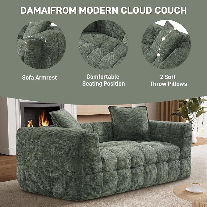 66.5" Loveseat Boneless Couch,Comfy Cloud Sectional Sofa with Deep Seat,Modern Upholstered Chenille Love Seat Sofa, Small Couches for Living Room, No Assembly Required Tufted Sofas, Green