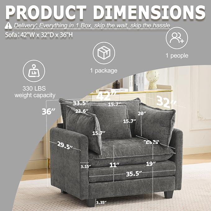 Modular Sectional Sofa Cloud Couch, Deep Seat Washable Chenille Fabric Sofa with Throw Pillows, Singel Seat Modern Couches for Living Room Bedroom Apartment, Grey