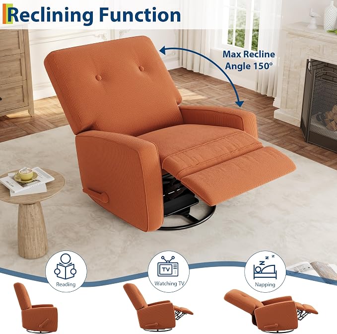 IDEALHOUSE Recliner Chair, 360° Swivel Rocking Glider Chair for Adults with Adjustable Backrest & Footrest, Cozy Corduroy Upholstered Armchair for Living Rooms, Bedrooms, Apartments, Orange