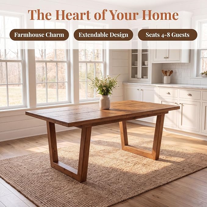 55-70.5" Extendable Dining Table Pine Expandable Dining Room Table for 4 6 8 People Large Rectangle Table Space Saving for Dining Room Living Room Home Office，Walnut