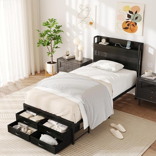 Zevemomo Twin Bed Frame with Drawers, Twin Metal Bed Frame with LED Light and Charging Station, Heavy Duty Metal Slats, No Box Spring Needed, Black