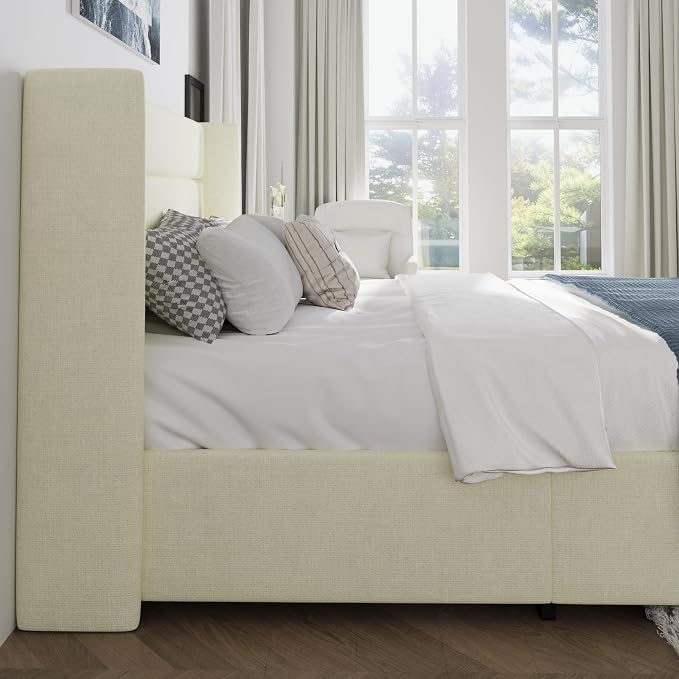 SHA CERLIN Queen Size Lift Up Storage Bed/Chenille Fabric Upholstered/Modern Wingback Headboard/Platform Bed Frame/Hydraulic Storage/No Box Spring Needed/Wood Slats Support/Cream