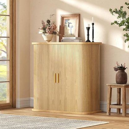 UNIQUITE Shoe Storage Cabinet with Sliding Doors, 5-Tier Wood Shoe Cabinet for Entryway, Adjustable Shelves Freestanding Shoe Organizer with Gold Handle for Hallway, Living Room, Natural