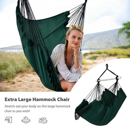 SUNCREAT Hammock Chair Hanging Rope Swing Seat-Max 450lbs Capacity, Extra Large Hanging Swing with Metal Support Bar, Side Pocket, Tassel, Green