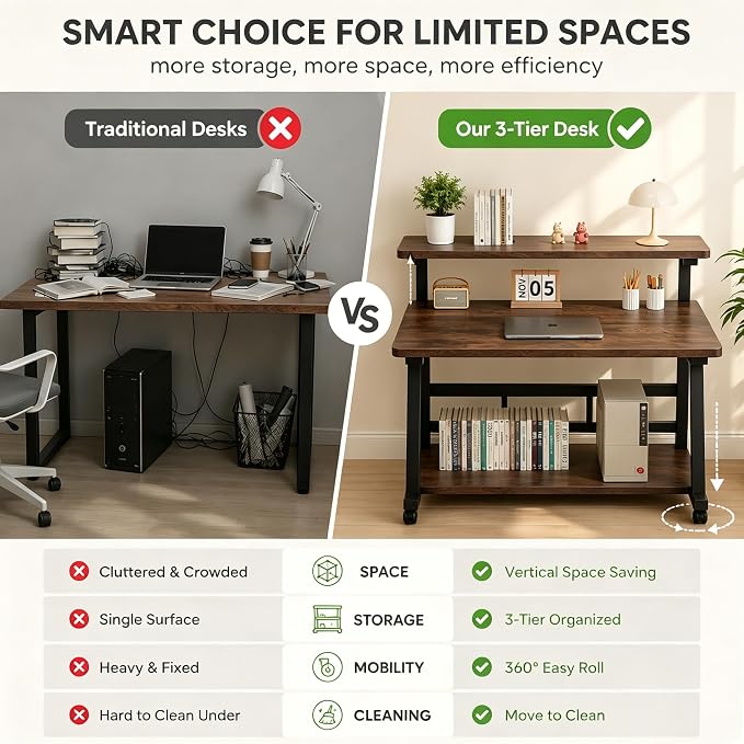 31.5 Inch Compact Rolling Computer Desk with Tier Worktable & Lockable Wheels, Small Computer Desk, Small Desk for Bedroom, Mobile Writing Workstation Easy Assembly for Home Office Small Spaces
