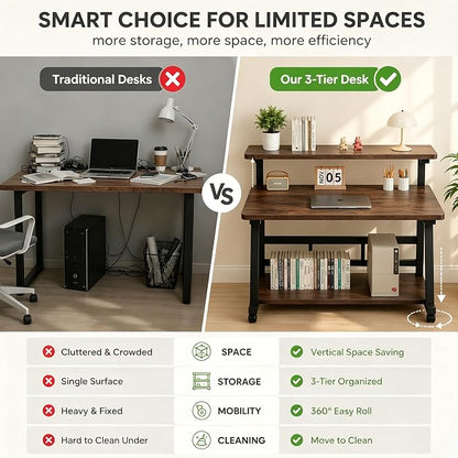 31.5 Inch Compact Rolling Computer Desk with Tier Worktable & Lockable Wheels, Small Computer Desk, Small Desk for Bedroom, Mobile Writing Workstation Easy Assembly for Home Office Small Spaces