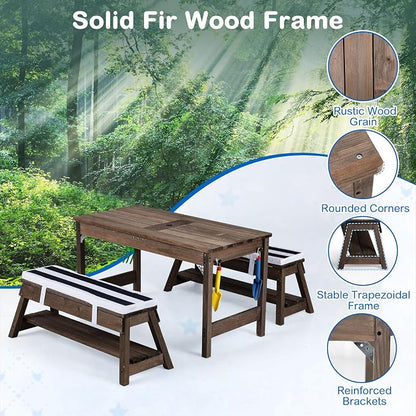 Costzon 4-in-1 Kids Picnic Table with Umbrella, Sand & Water Sensory Bins | Wooden Toddler Outdoor Table with Benches, Cushions, Cover, Gardening Tools, Kids Outdoor Furniture for Patio Backyard