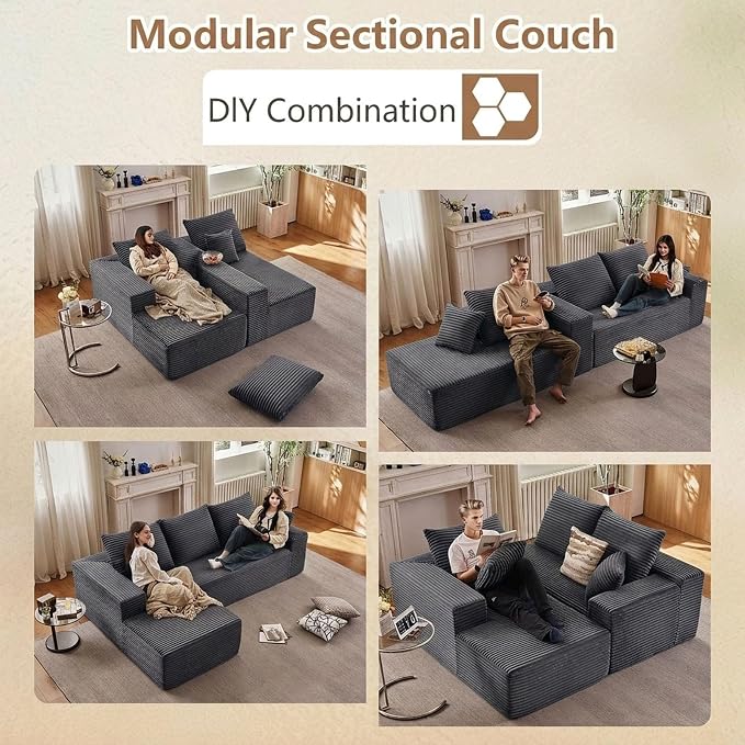 Sectional Couches for Living Room Cloud Couch Sofa with L-Shape Couch in a Box Upholstered Boneless Couchs Modern Modular Sectional Couch with Chaise (Dark Grey,B-3 Seater-Left-Facing Chaise-96 inch)