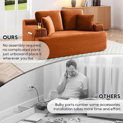 66.5'' Boneless Sofa Couch with Cup Holders & Side Pockets, Modern Corduroy Fabric Upholstered Loveseat Couch with 2 Throw Pillows for Living Room Office, No Assembly (Orange)