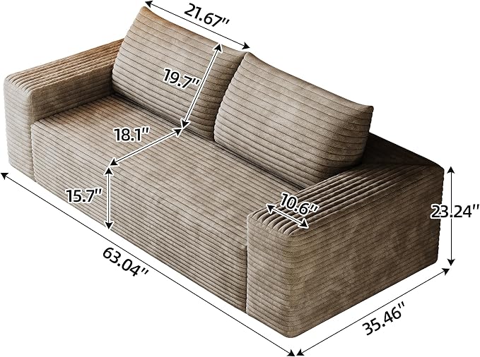 JINGLING 63" Small Couches for Small Spaces, Comfy Boneless Couch in a Box, Love Seat Compressed Sofa for Living Room Bedroom, Apartment Furniture, No Assembly, Corduroy, Camel