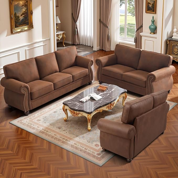 Couchus Living Room Furniture Sets,Sofa Sets and Couch Sets for Living Room,Mid-Century Vintage Sofa Couches with Rivet Design (Caramel Rust, 2 Single+3 Seater)