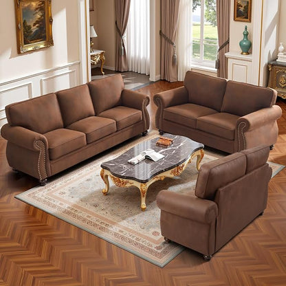 Couchus Living Room Furniture Sets,Sofa Sets and Couch Sets for Living Room,Mid-Century Vintage Sofa Couches with Rivet Design (Caramel Rust, 2 Single+3 Seater)