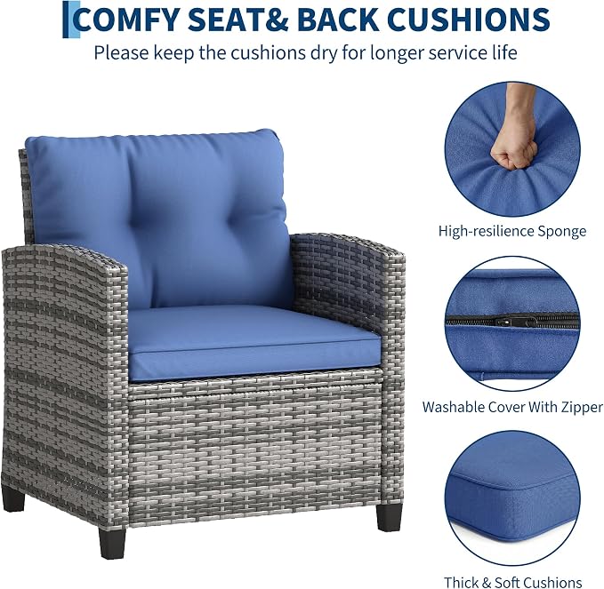 Garvee Outdoor Wicker Chairs,3 Pieces Patio Furniture Set,All Weather High Back Rattan Chairs w/Washable Cushion and Tempered Glass Tabletop for Deck Porch Balcony Backyard Garden,Gray & Blue