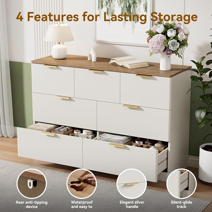 3 Pieces of Dresser and Nightstand Set,47.2" Width 7-Drawer Dresser & 3-Drawer Nightstands Set of 2 w/Gold Metal Handle, Modern Design for Bedroom,White & Brown