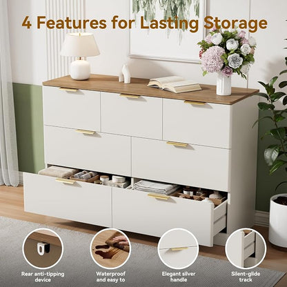 3 Pieces of Dresser and Nightstand Set,47.2" Width 7-Drawer Dresser & 3-Drawer Nightstands Set of 2 w/Gold Metal Handle, Modern Design for Bedroom,White & Brown
