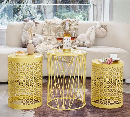 HFHOME Set of 3 Heavy-Duty Round End Table, Side Table, Coffee Table for Indoor Multifunctional Use, Outdoor Decorative Garden Stool Plant Stand-Yellow