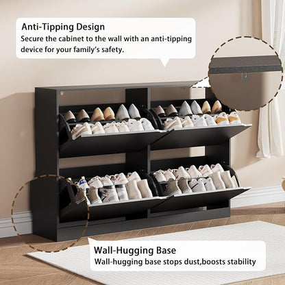 Shoe Storage Cabinet, Wood Shoe Organizer for Entryway with 3 Flip Drawers, Freestanding Shoe Rack with Adjustable Shelf, Narrow Shoe Dresser for Front Door Entrance (Black, 4 Drawers)