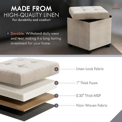 Ornavo Home Storage Ottoman with Legs, Square Cube Foot Rest Stool Seat, for Living Room, Bedroom, Home Office, Dorm - 15 x 15 x 15, Beige