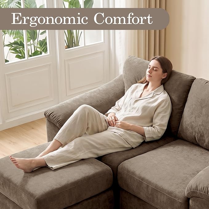 L Shaped Boneless Couch, Modern Loveseat Sofa with Ottoman, Floor Cloud Couch Sets with Extra Comfy Soft Deep Seats for Living Room, Apartment, No Assemby, Brown