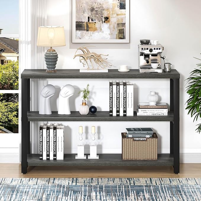 EXCEFUR 47 Inch Rustic Metal and Wood Entryway Table, Console Table Behind Couch with 3 Tier Storage Shelves, Sofa Table for Living Room Hallway Foyer, Industrial Grey