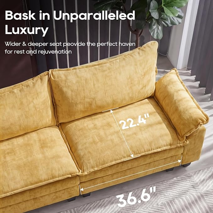 URRED Oversized Modular Sectional Sofa, 87" L Shaped Modern Comfy Cloud Couch with Movable Ottoman & Pillows, Deep Seat Couches for Living Room, Bedroom or Apartment (Chenille Yellow, 87" L Shaped)