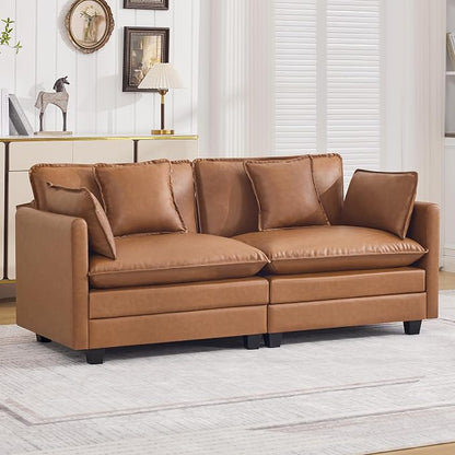 76'' Cloud Deep Seat Loveseat, Upholstered Leather Modular 2-Seats Sectional Sofa Couch, Modern Comfy Settee Loveseat for Living Room Set, Small Apartment, Leather Light Brown
