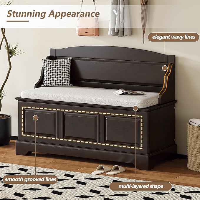 Knocbel Rustic Entry Storage Bench with Hidden Compartments and Removable Cushion, Wooden Entryway Hallway Foyer Shoe Bench Bedroom End of Bed Bench (Espresso and Beige)