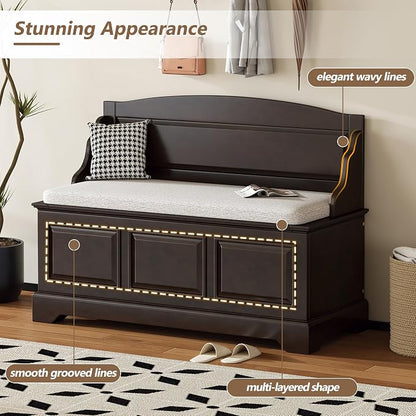 Knocbel Rustic Entry Storage Bench with Hidden Compartments and Removable Cushion, Wooden Entryway Hallway Foyer Shoe Bench Bedroom End of Bed Bench (Espresso and Beige)